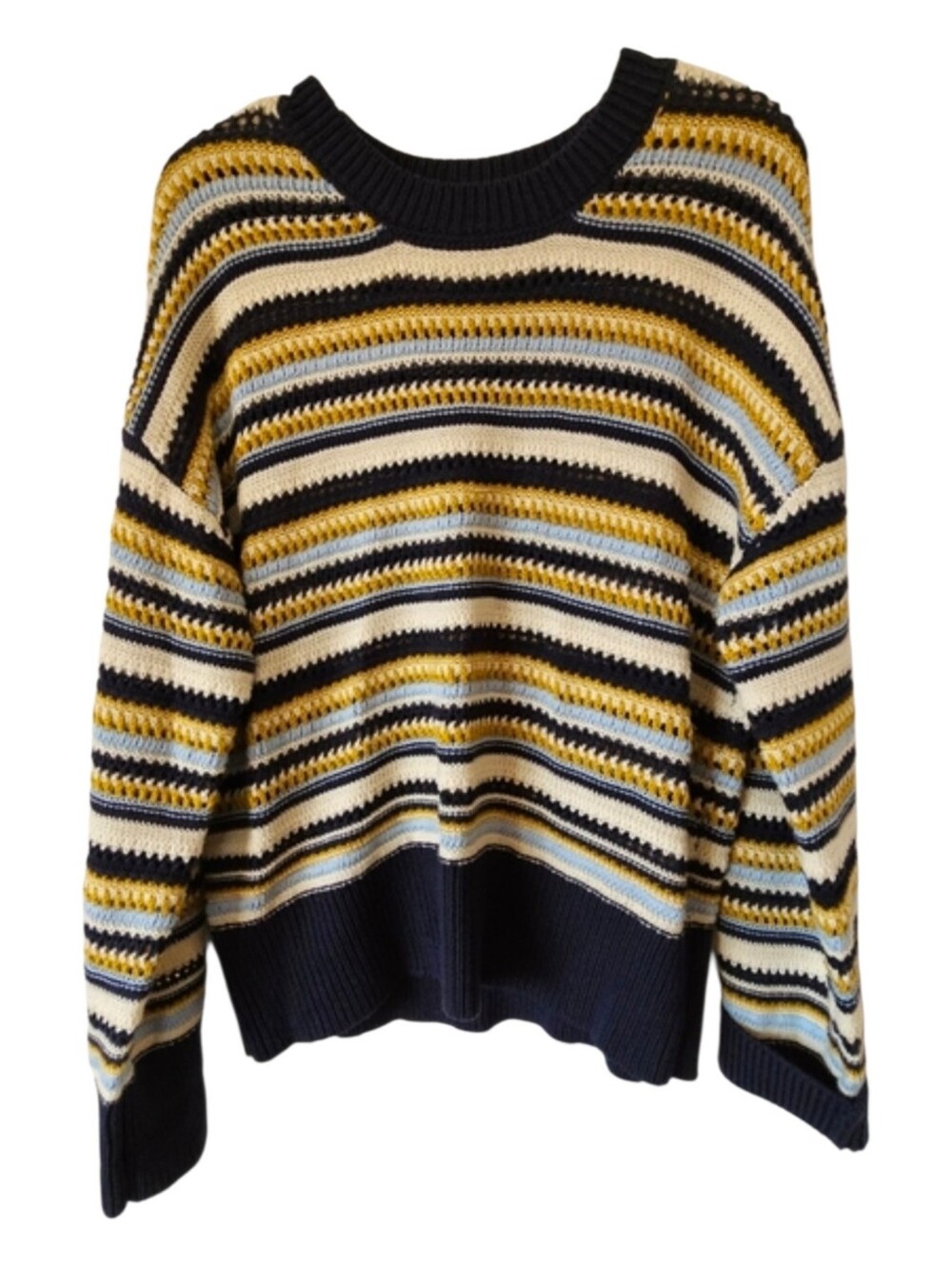 Ophelia Roe Cotton Blend Blue Yellow Striped Crewneck Sweater Women's Size XL